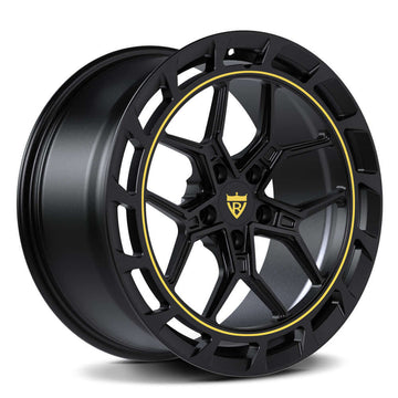 Custom forged monoblock wheel for Audi featuring a concave Y-spoke design in black with yellow accents.